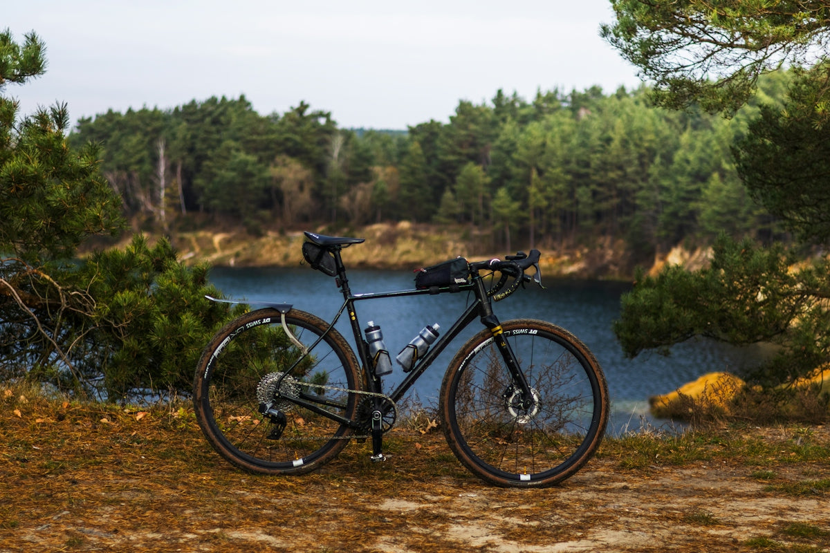 A bike parked on the side of a road next to a lake