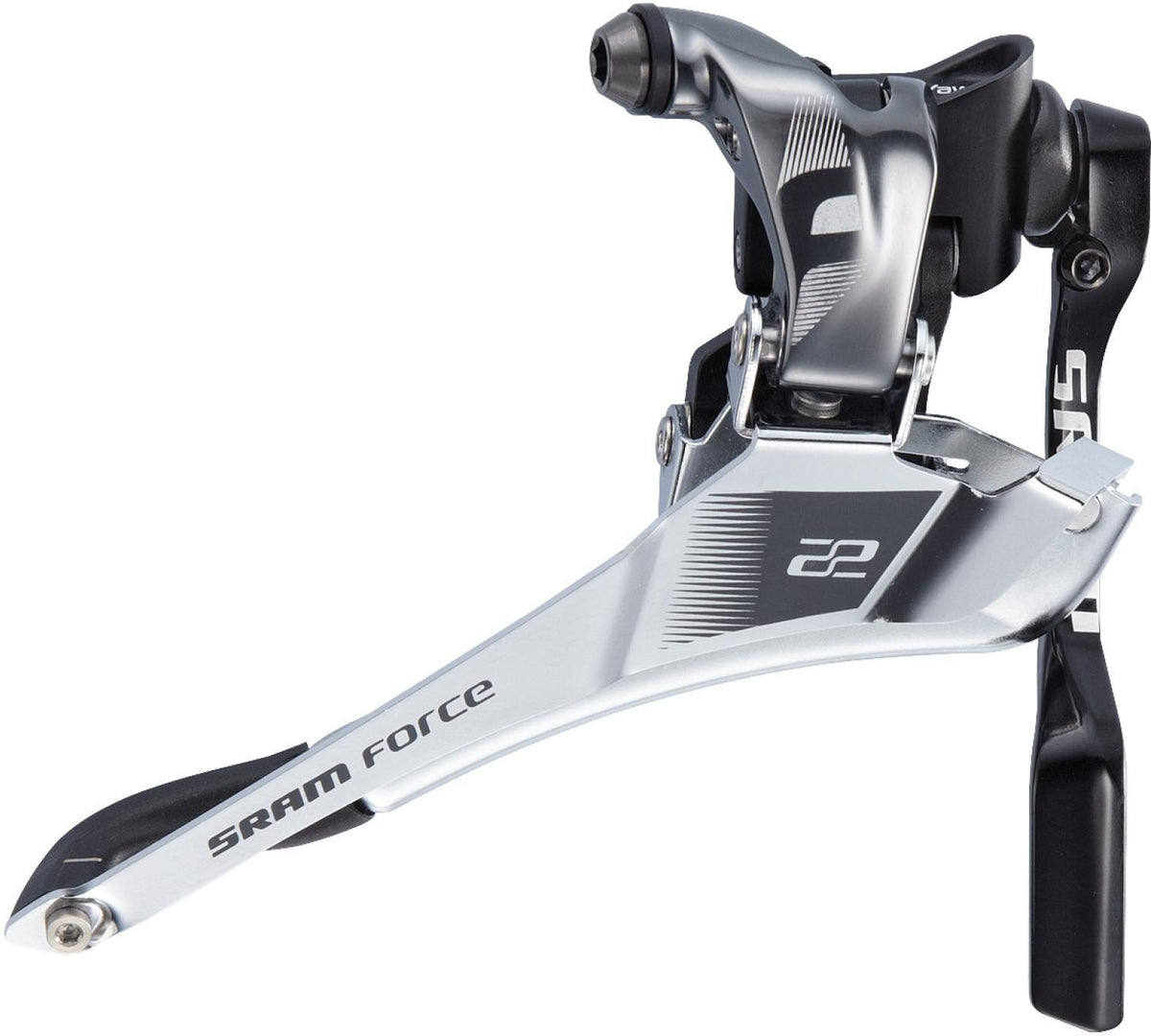 Desviador delantero SRAM Force 22 Yaw de soldar con Chain Spotter plateado – vista lateral
