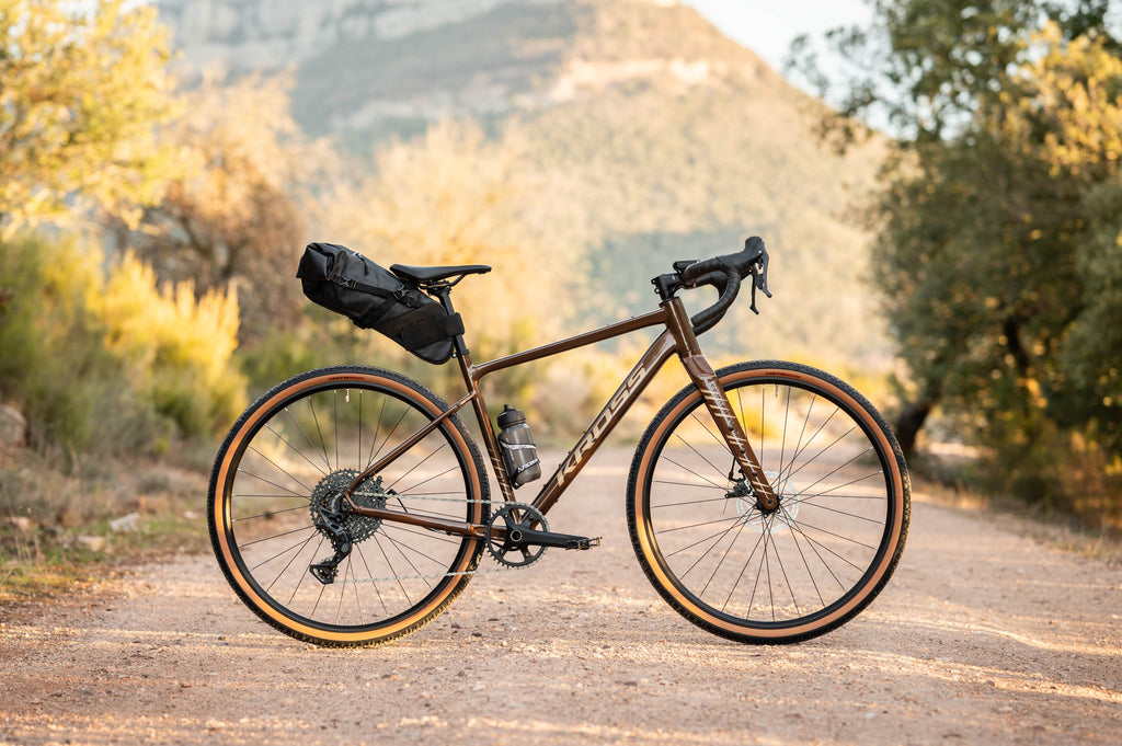Bicicleta gravel Kross Esker 2.0 MicroSHIFT 2024 brown beige – foto en ruta