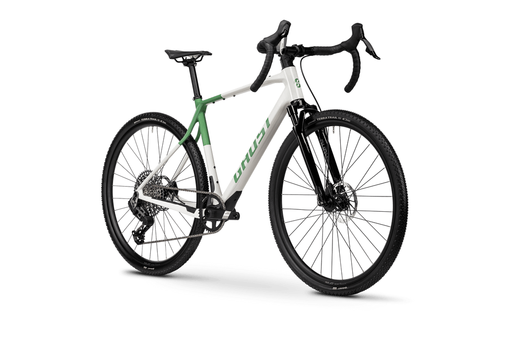 Bicicleta gravel Ghost Asket CF Full Party 2026 silver stone/meadow green – vista en perspectiva