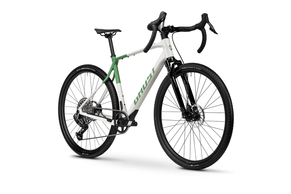 Bicicleta gravel Ghost Asket CF Full Party 2026 silver stone/meadow green – vista en perspectiva