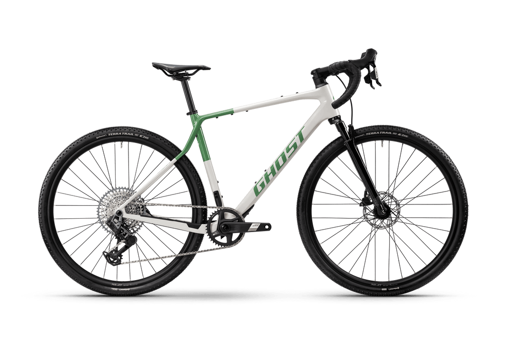 Bicicleta gravel Ghost Asket CF Full Party 2026 silver stone/meadow green – vista lateral