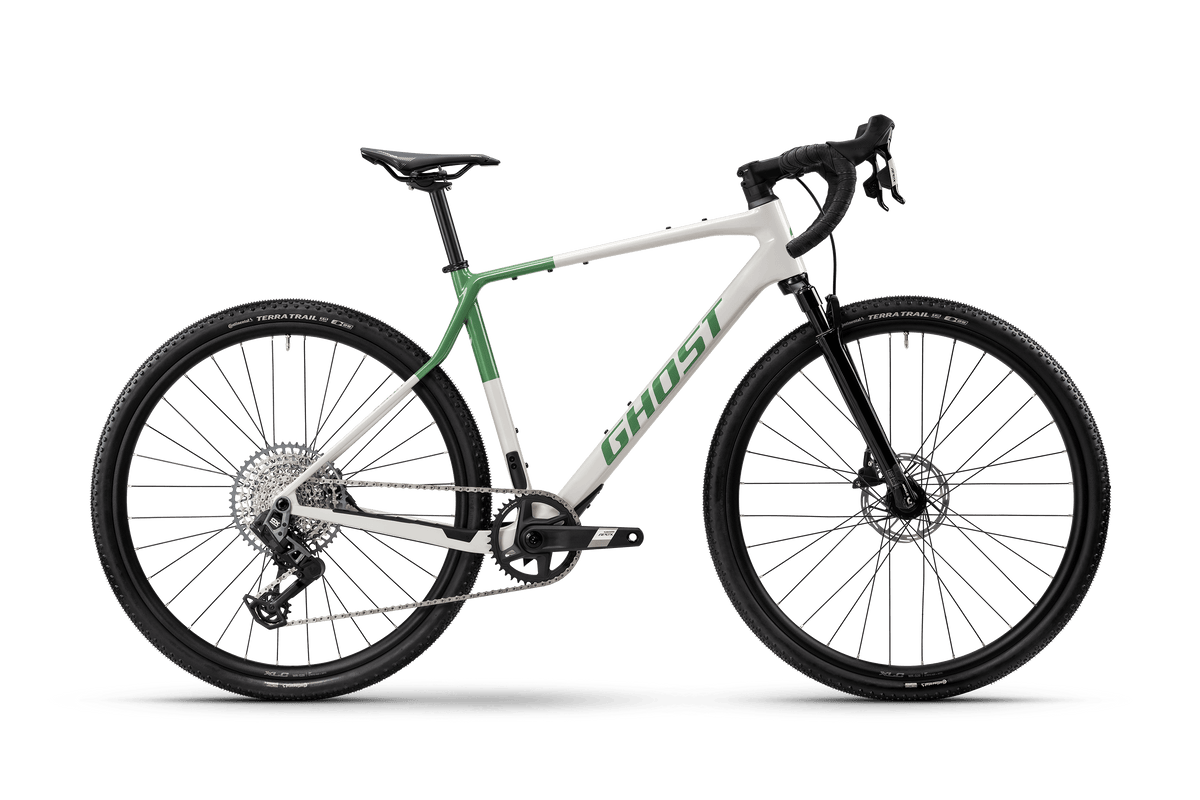 Bicicleta gravel Ghost Asket CF Full Party 2026 silver stone/meadow green – vista lateral