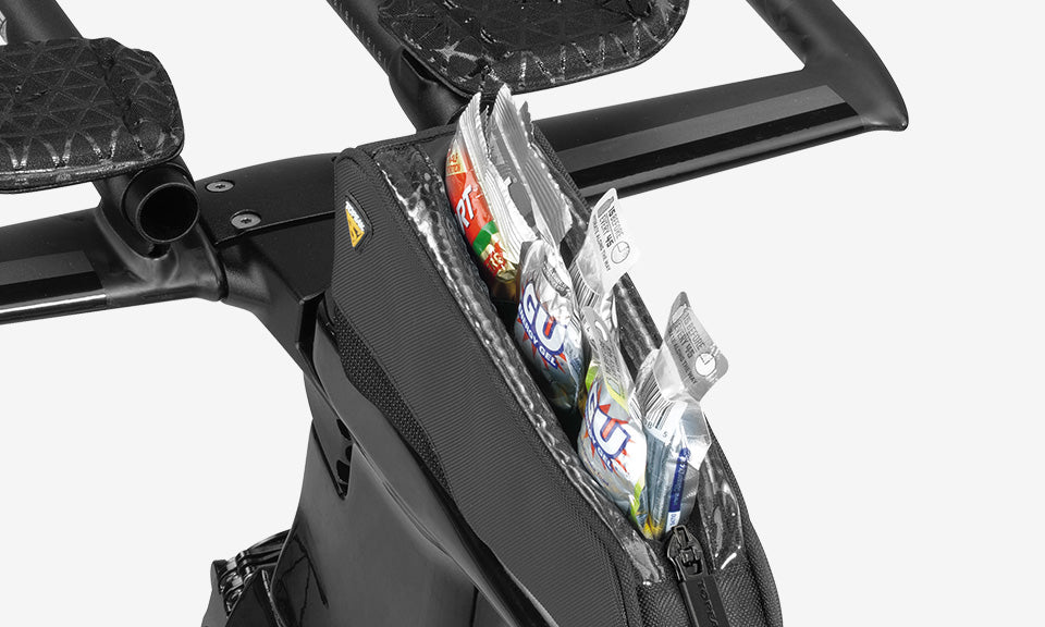 Bolsa de tubo superior Topeak FastFuel TriBag (talla M) negro – detalle de compartimentos