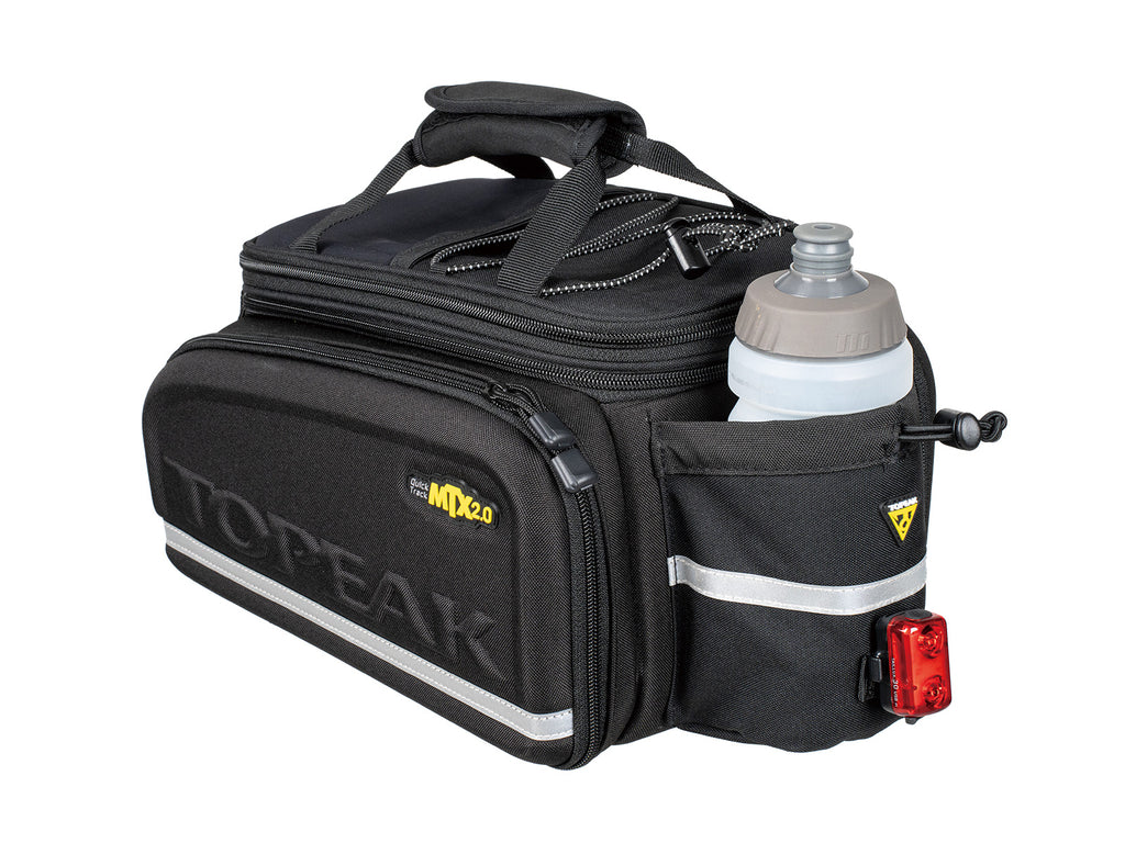 Bolsa de portabultos Topeak MTX TrunkBag DXP negro – vista trasera con portabidón y clip de luz