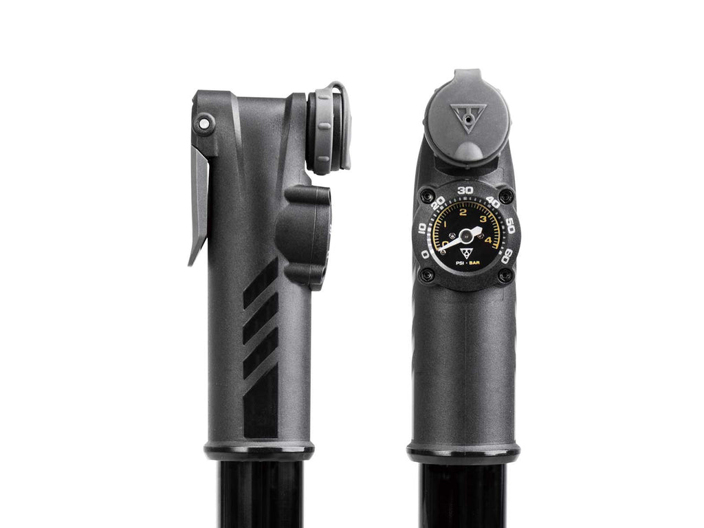 Minibomba Topeak Mountain DA G negro – detalle del cabezal y manómetro