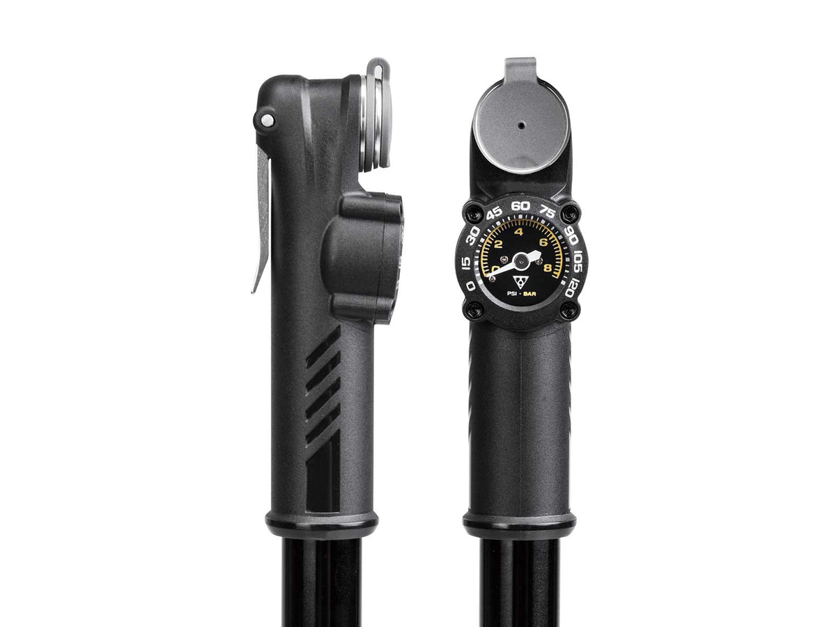 Minibomba Topeak Roadie DA G negro – detalle del cabezal y manómetro